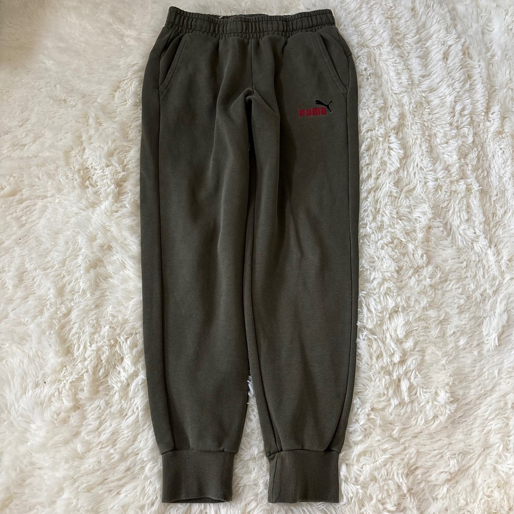 Puma Mens Fleece Lined Jogger Sweatpants Olive Green Red Logo Size Medium